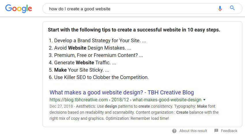 Google featured snippet example - how do I create a good web design?