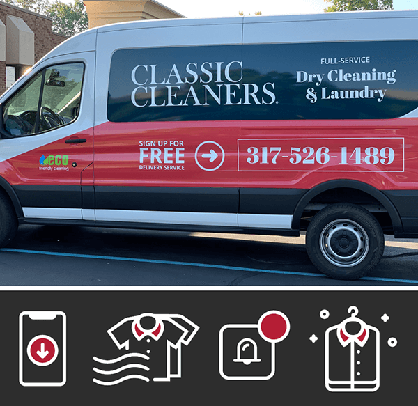 Classic Cleaners van wrap and service line icons