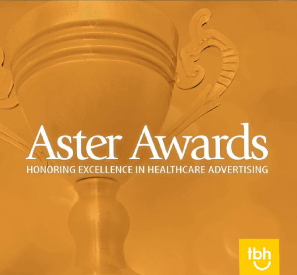 Aster awards honoring excellence in healthcare award graphic with gold trophy