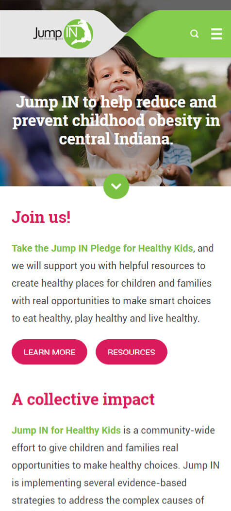 Jump In for Healthy Kids homepage mobile web design