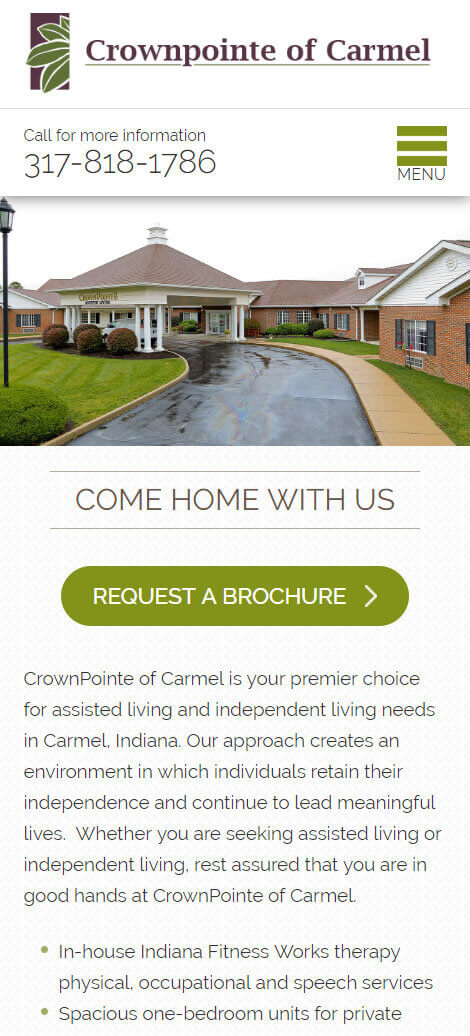 Crownpointe of Carmel homepage mobile web design