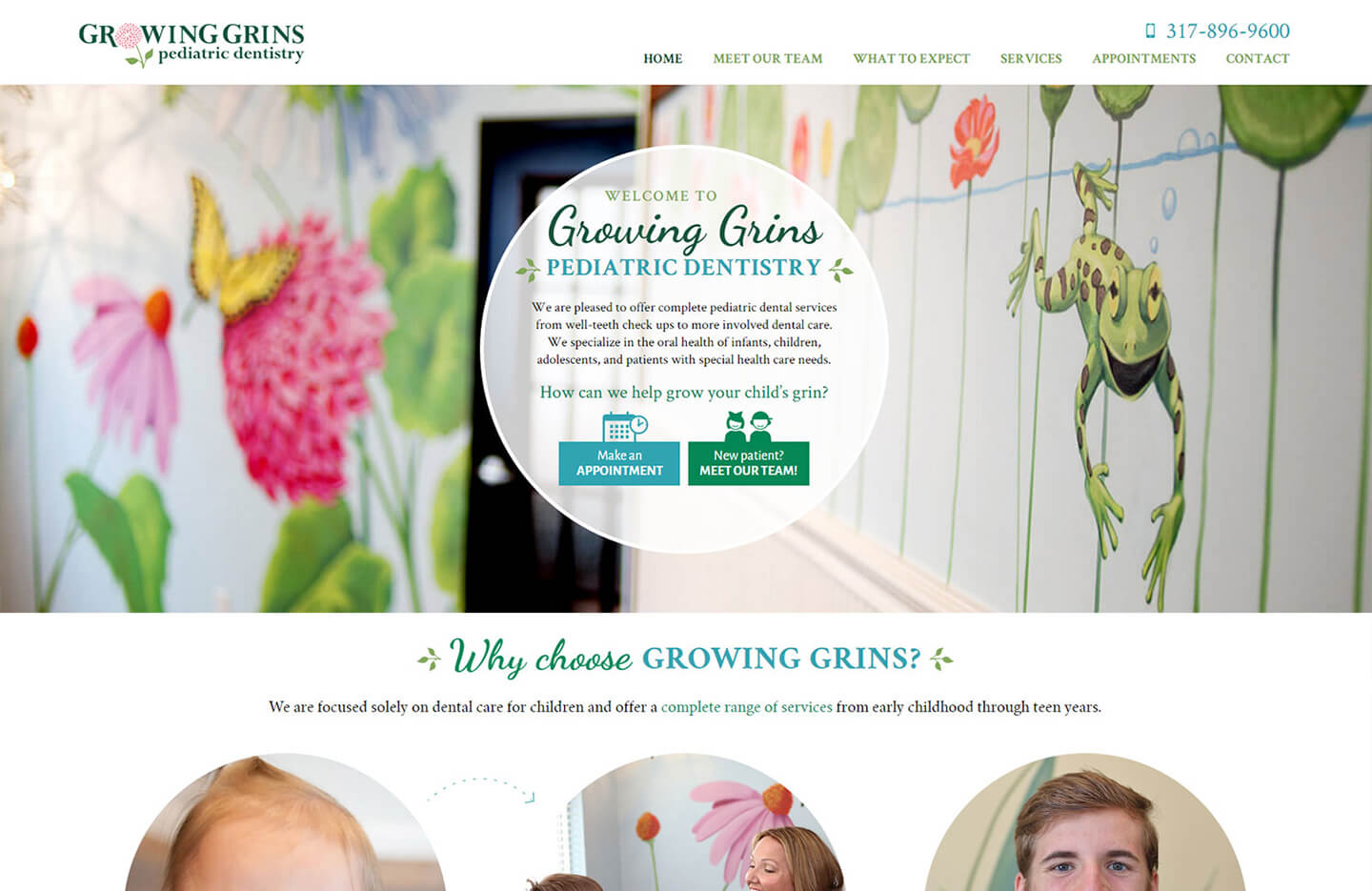 Growing Grins Pediatric Dentistry desktop homepage web design