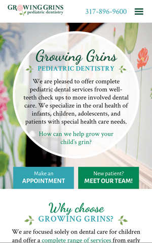 Growing Grins Pediatric Dentistry homepage mobile web design