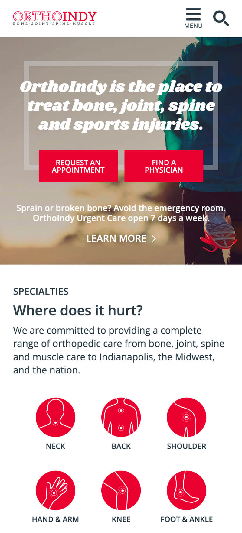 OrthoIndy mobile website homepage preview