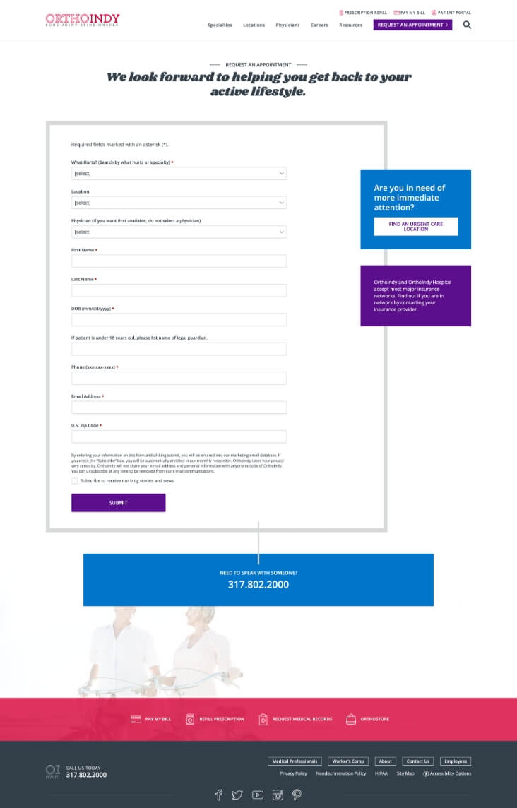 OrthoIndy appointment form web page