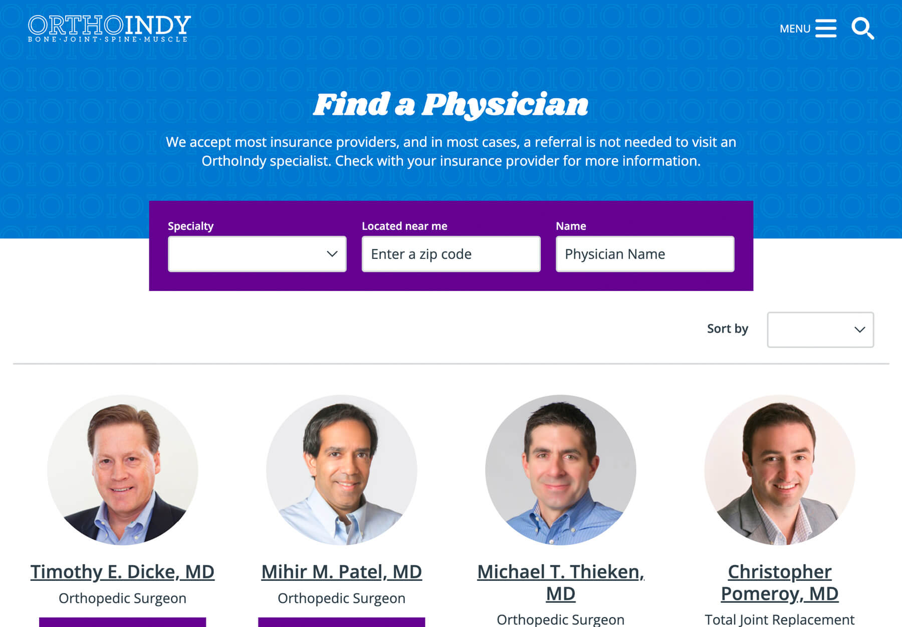 OrthoIndy physicians page tablet preview