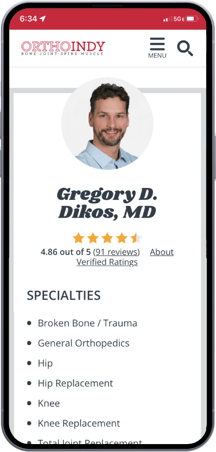 OrthoIndy provider detail page on mobile device