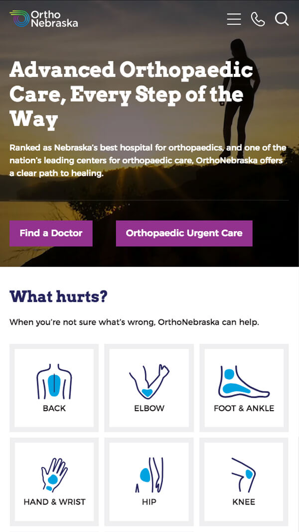 OrthoNebraska homepage mobile web design