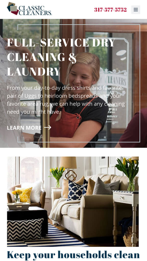 Classic Cleaners mobile website homepage preview