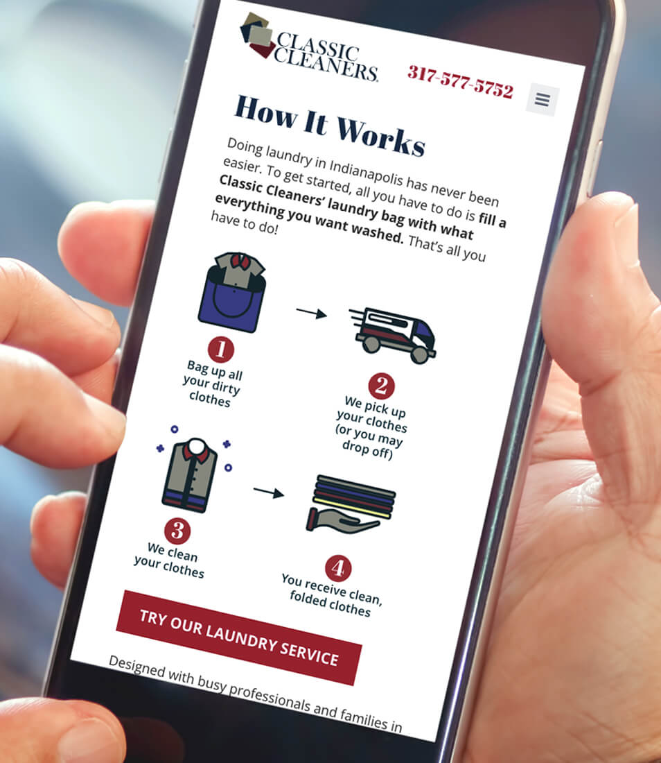 Classic Cleaners Wash & Fold Laundry Service webpage on a smartphone