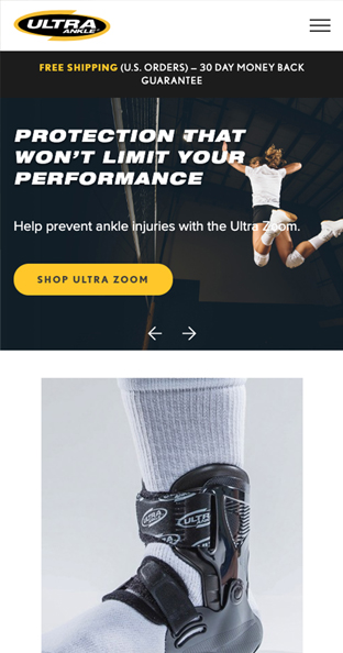 Ultra Ankle homepage mobile web design