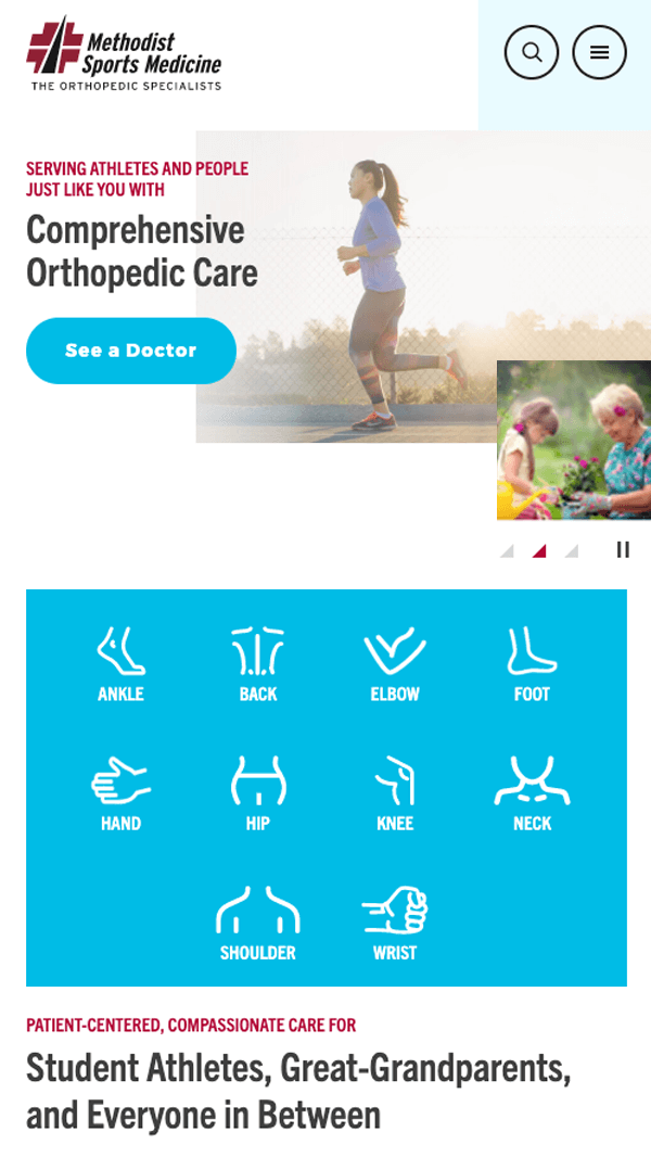Methodist Sports Medicine homepage mobile web design