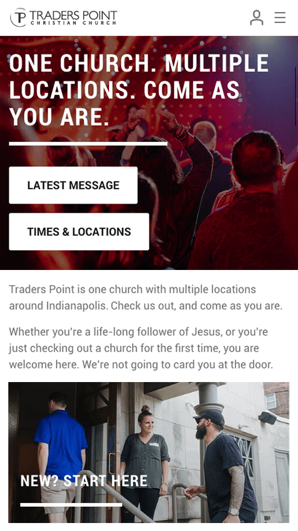 Traders Point Christian Church homepage mobile web design