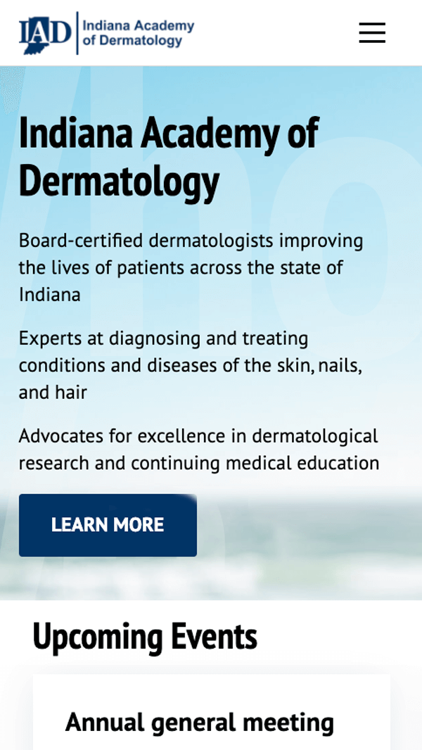 Indiana Academy of Dermatology homepage mobile web design