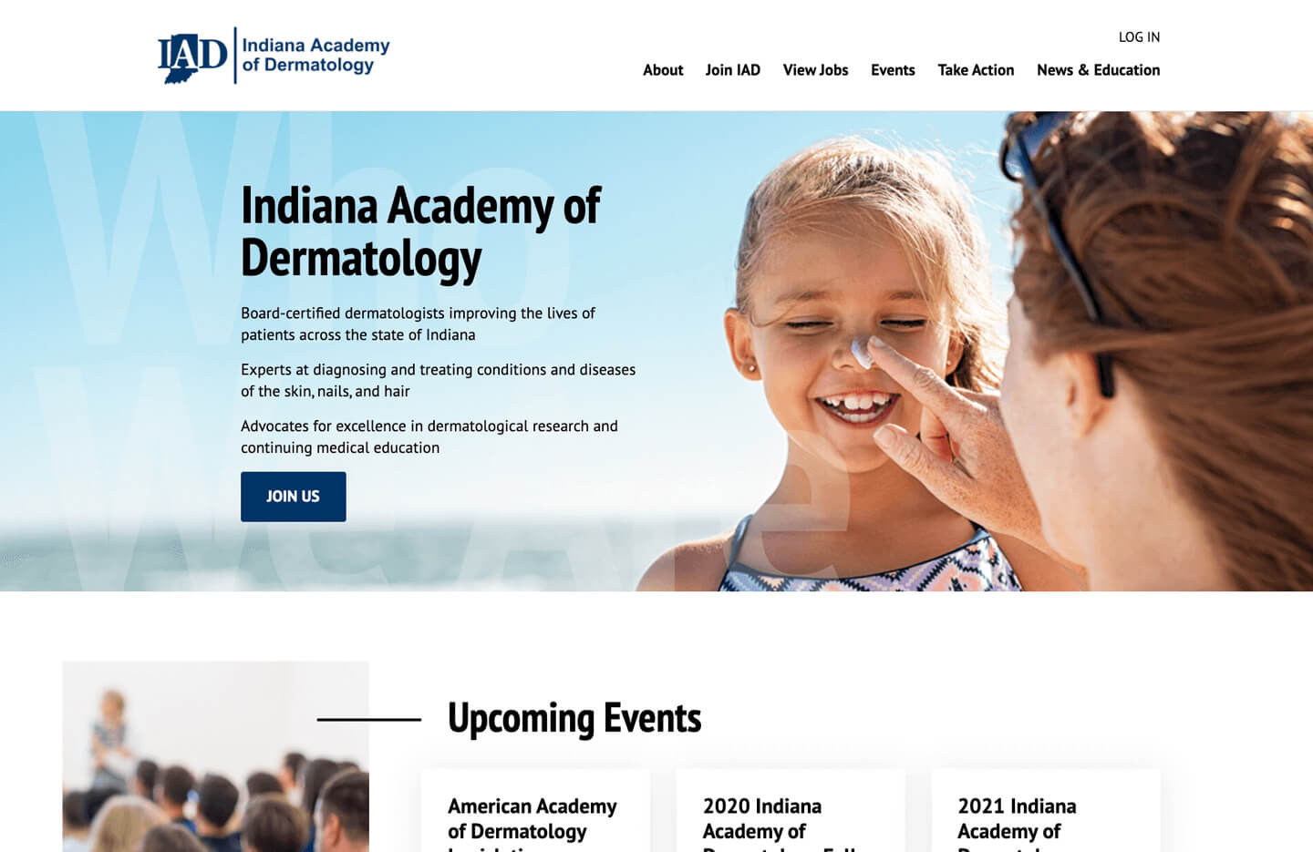 Indiana Academy of Dermatology desktop homepage web design
