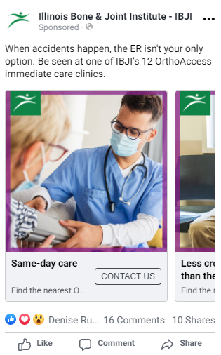 Facebook ad example: OrthoAccess immediate care clinic