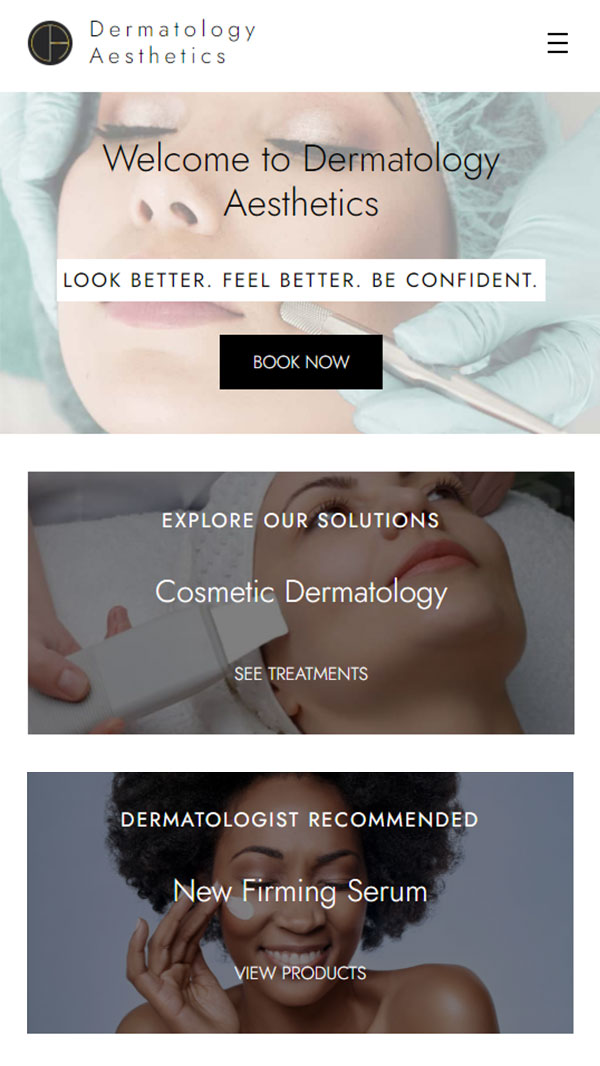 Dermatology Aesthetics homepage mobile web design