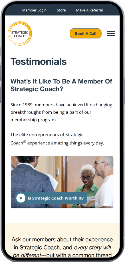 mobile preview of Testimonials webpage