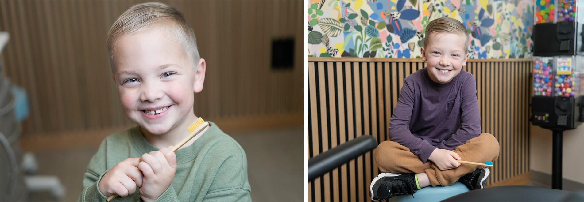 happy boy holding toothbrush and boy sitting in dentists chair