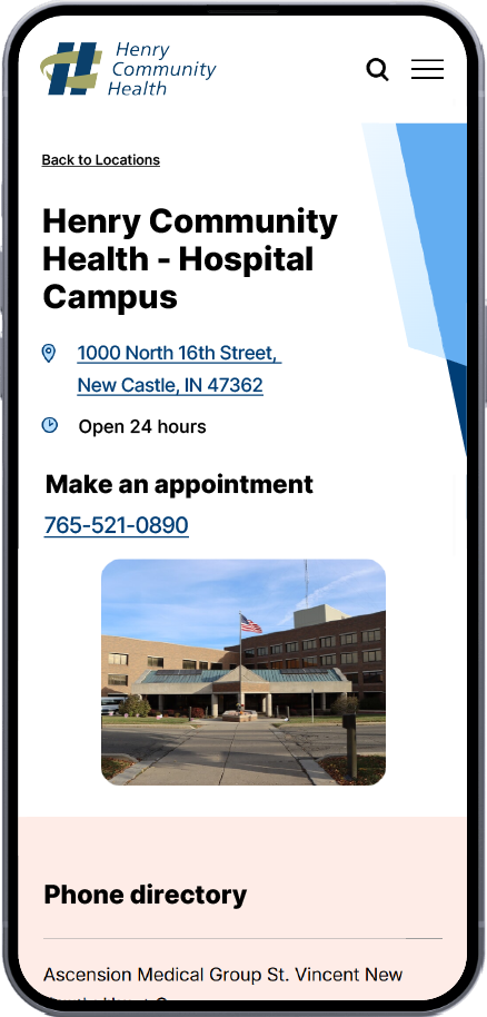 HCH main campus locations detail page preview on mobile