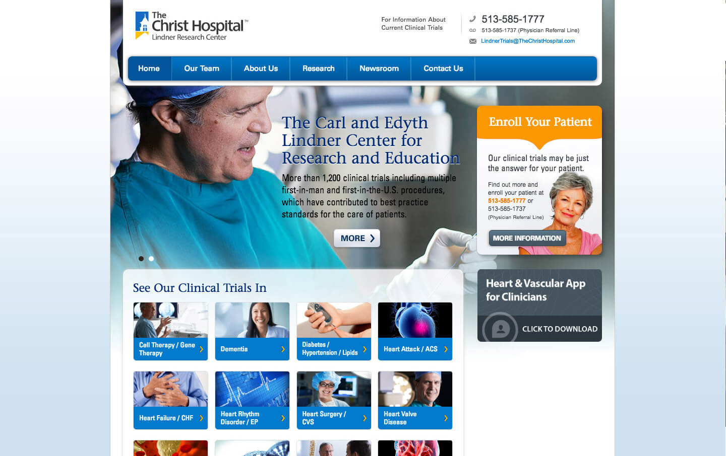 Lindner Research Center desktop homepage web design