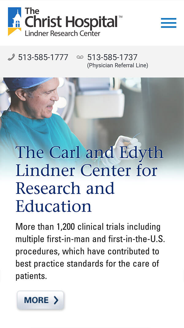 Lindner Research Center homepage mobile web design