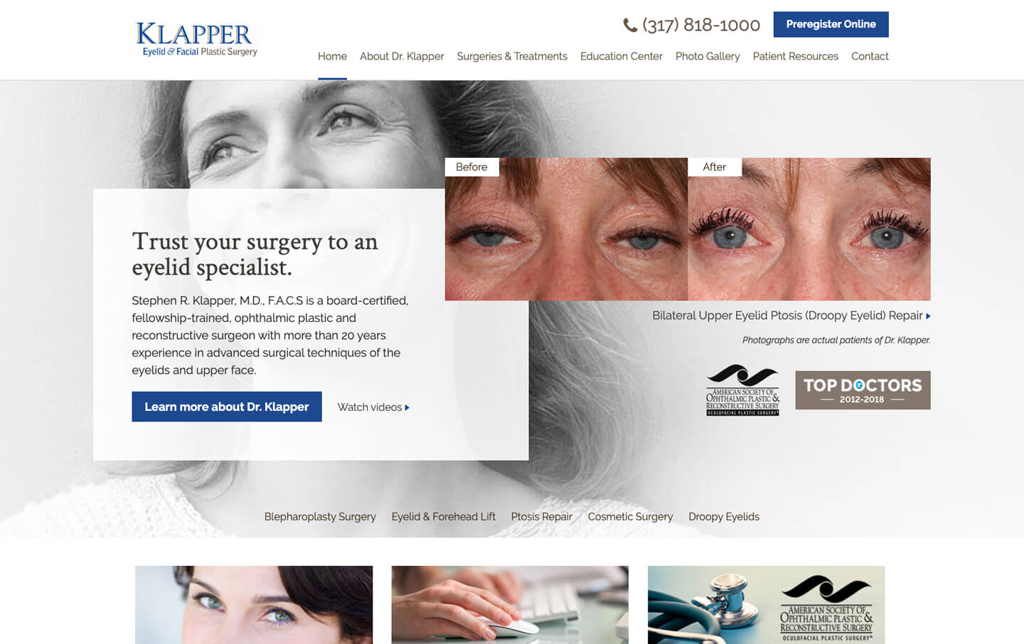 Klapper plastic surgery desktop homepage web design
