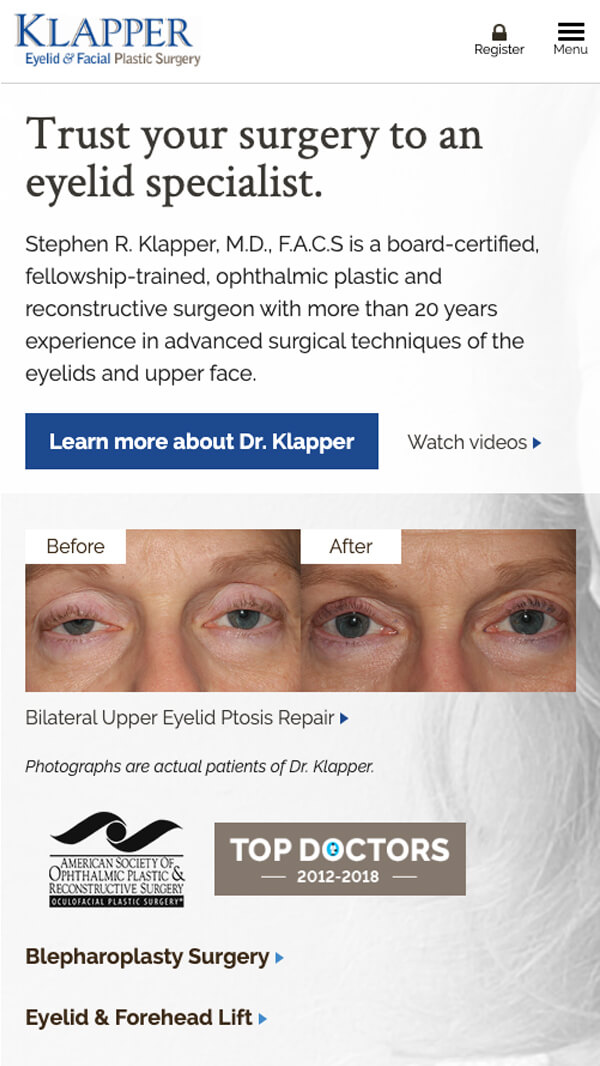 Klapper plastic surgery homepage mobile web design