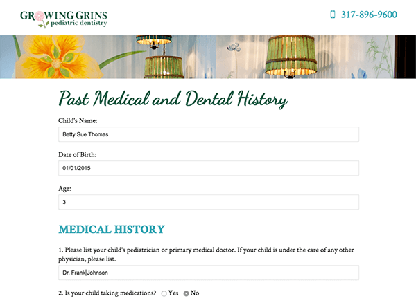Growing Grins medical and dental history form