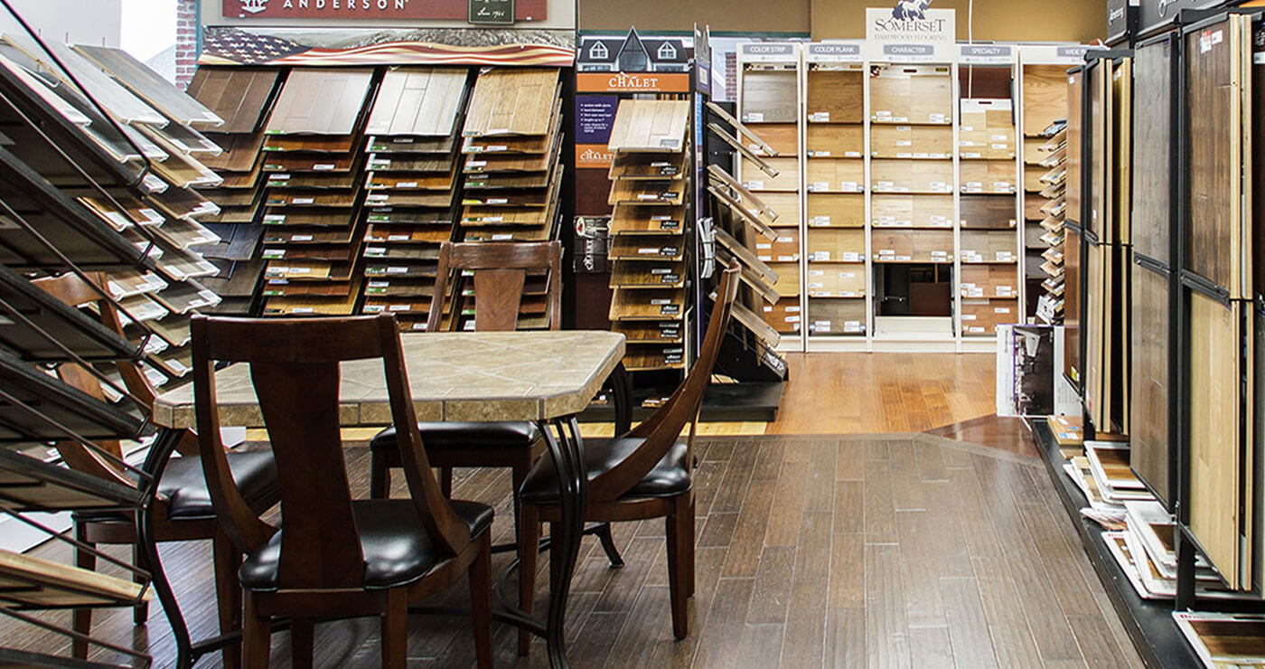 Hardwood flooring samples in the showroom