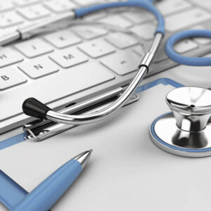 desk of a healthcare marketing specialist