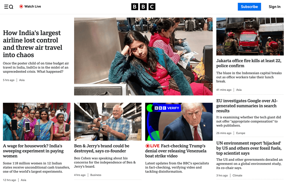 A screengrab—showing part of the BBC.com's homepage on December 9, 2025—illustrates how its web designers user patterns, clear hierarchy, and generous spacing to make the site easier to use (since accessibility and inclusivity are two 2026 web design trends that are already showing up online)