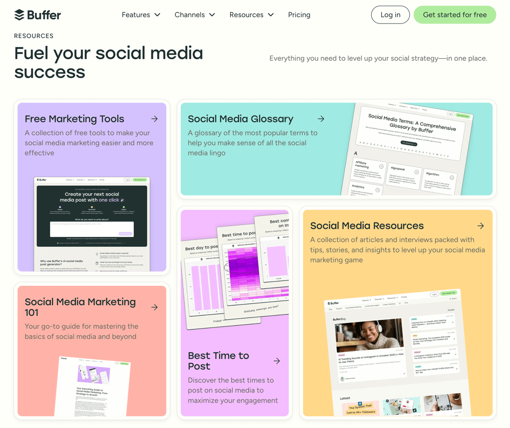 A screengrab of the homepage at Buffer.com, which uses five, color coded boxes to present its different resources for users. This layout, with its large tap targets, high color contrast, and clear labeling, balances the company's visual brand identity with the its business goal of having a strong inclusive presentation online.