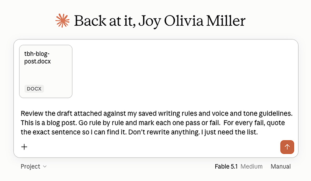 Sample prompt for an AI brand voice check for a blog article review might read "Review the draft below against my saved writing rules and voice and tone section. This is a blog post. Go rule by rule and mark each one pass or fail. For every fail, quote the exact sentence so I can find it. Don't rewrite anything. I just need the list."