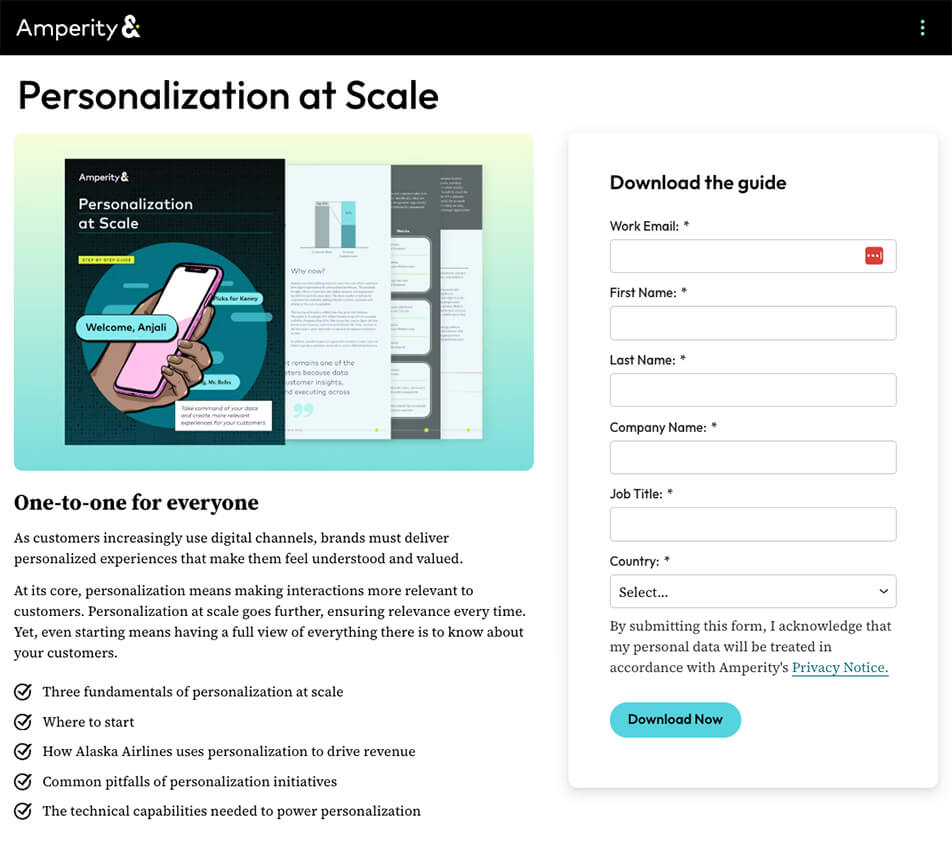 Amperity’s squeeze page for a free guide on personalization at scale with bullet points and a gated download form