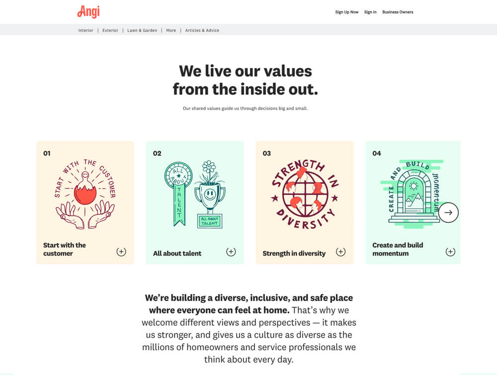 Angi's careers page featuring red and green illustrations representing their culture and values