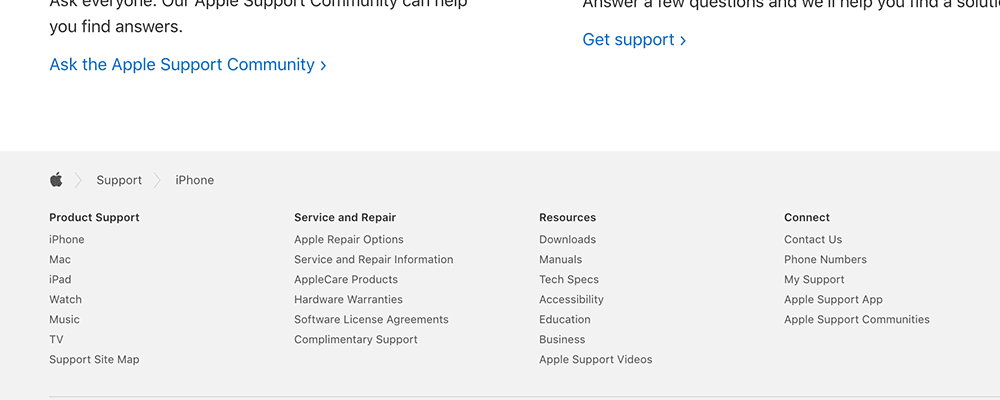 Apple website breadcrumbs in footer