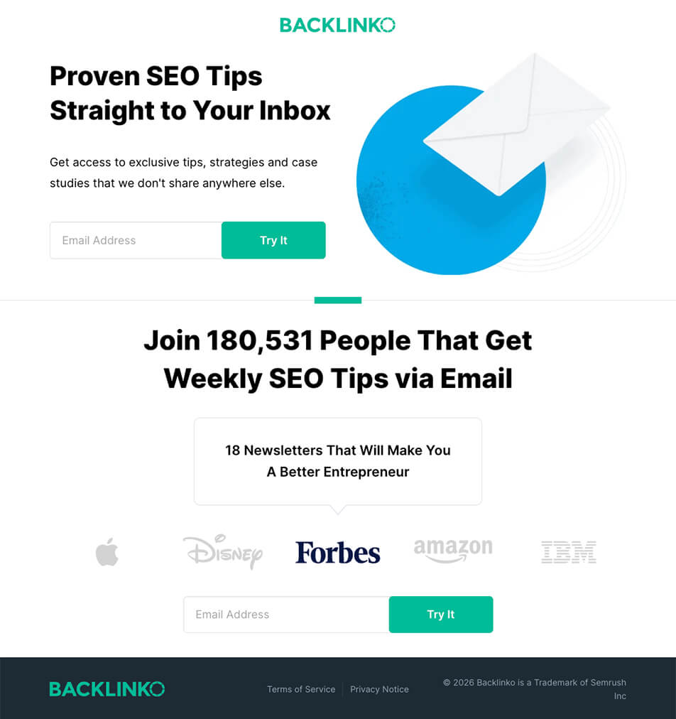 Backlinko’s newsletter squeeze page showing a single email field, subscriber count of 180,000+, and logos from Apple, Disney, Forbes, Amazon, and IBM