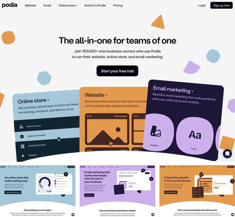 Four screengrabs of the Podia.com website showing how it uses color to personalize customer journeys.