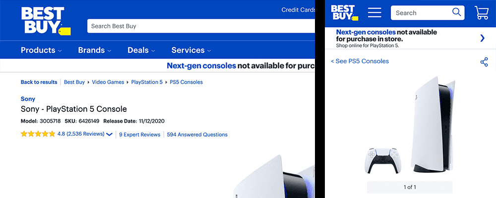 Best Buy website breadcrumb navigation on desktop and mobile