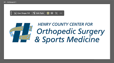 Henry County Center for Orthopedic Surgery & Sports Medicine logo open in Adobe Illustrator with the "H" crossbar selected