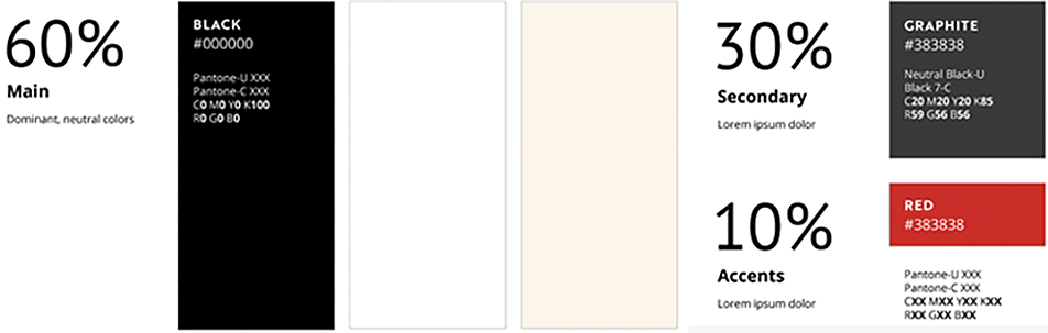 Brand guide panel showing color palette details, including usage percentages