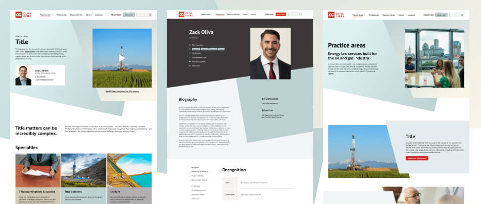 Oliva Gibbs website redesign sample screens of services, professionals, and practice areas