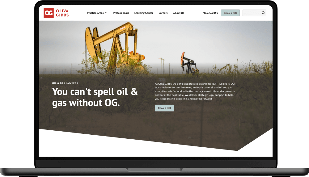 Oliva Gibbs website hero featured on a desktop computer facing front