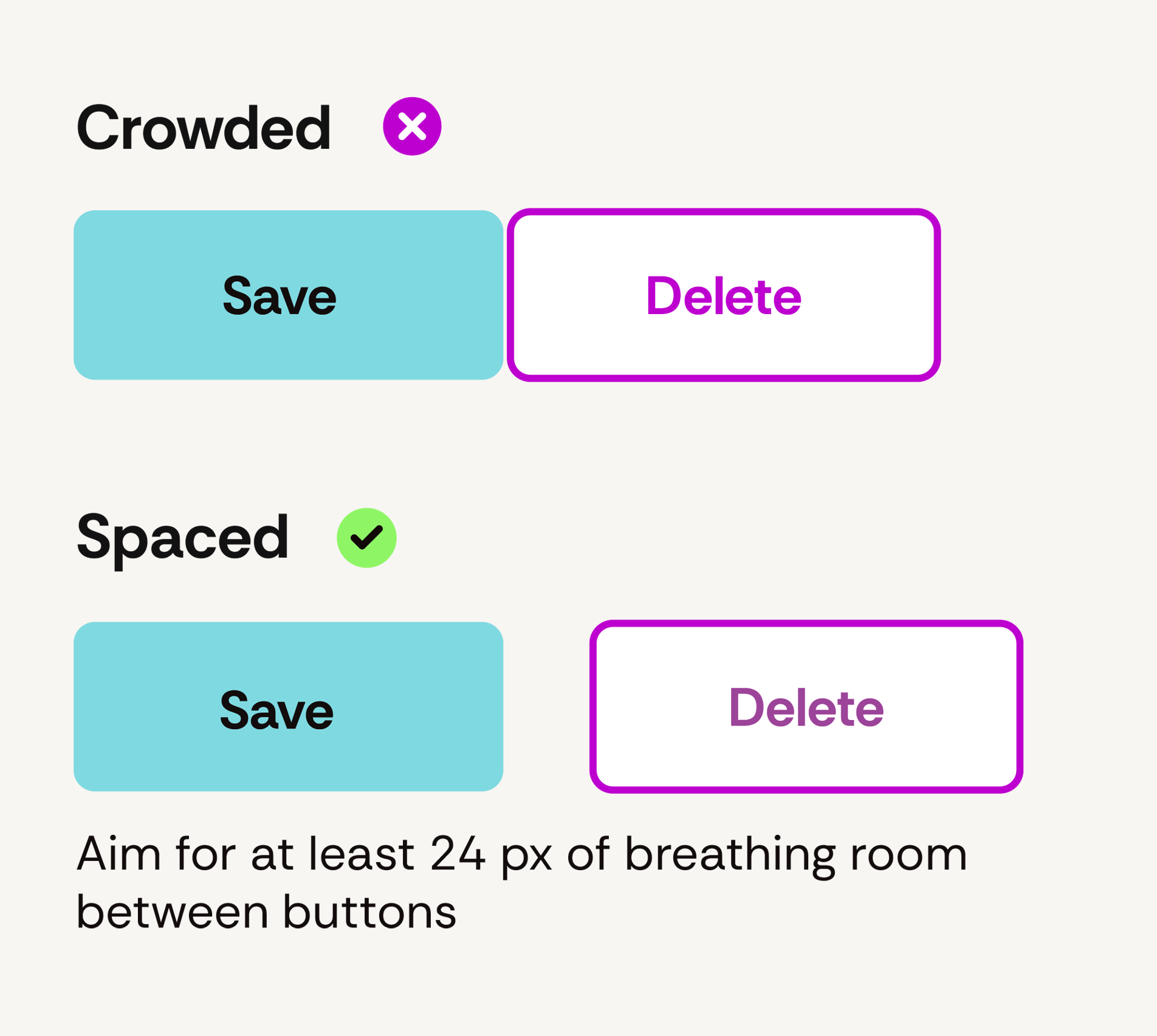 Save and Delete buttons shown crowded and then spaced apart.