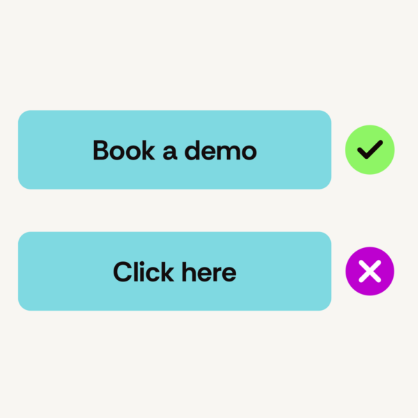 Two cyan blue buttons, one labeled Book a demo with a green check and one labeled Click here with a fushia X.