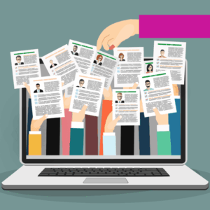 illustration of hands holding up job postings on a laptop screen