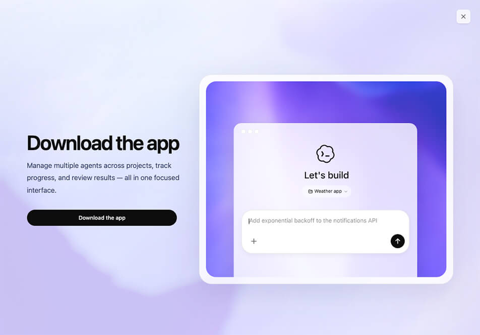 OpenAI Codex product page that features just a push to download the app