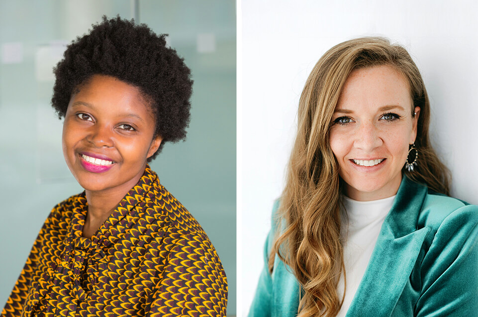 Photo comparison of one woman wearing a busy patterned shirt and one woman wearing solid colors