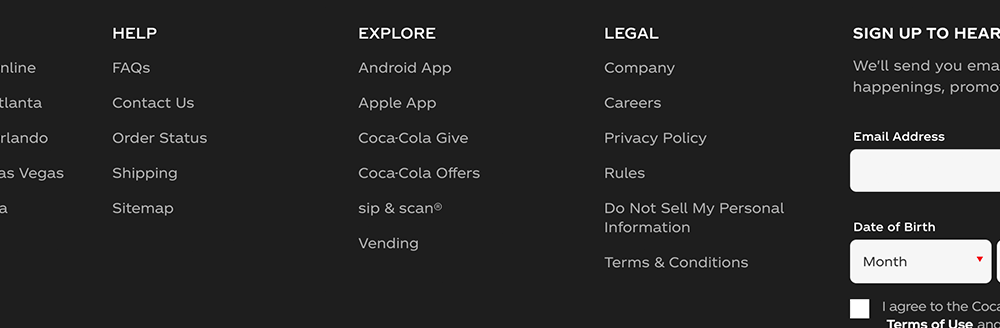 Coca Cola website footer with legal links
